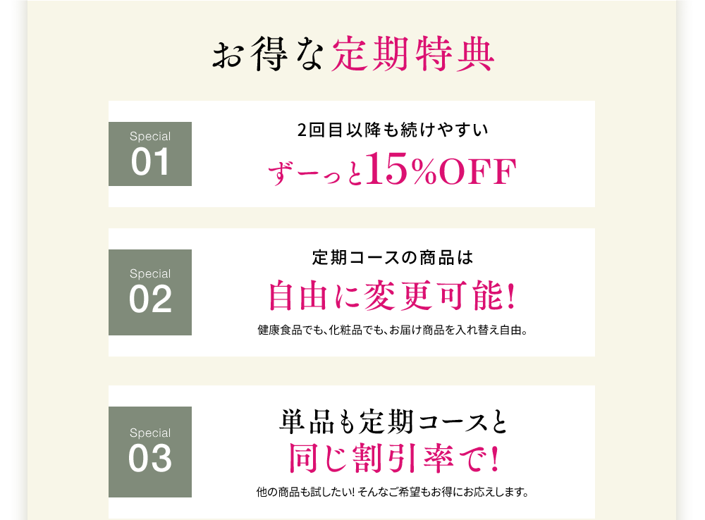 お得な定期特典 特典1 2回目以降も続けやすい ずーっと15％OFF 特典2 定期コースの商品は自由に変更可能!健康食品でも、化粧品でも、お届け商品を入れ替え自由。 特典3 単品も定期コースと同じ割引率で!
