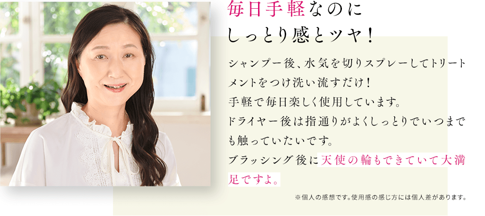 毎日手軽なのにしっとり感とツヤ！シャンプー後、水気を切りスプレーしてトリートメントをつけ洗い流すだけ！手軽で毎日楽しく使用しています。ドライヤー後は指通りがよくしっとりでいつまでも触っていたいです。ブラッシング後に天使の輪もできていて大満足ですよ。※個人の感想です。使用感の感じ方には個人差があります。